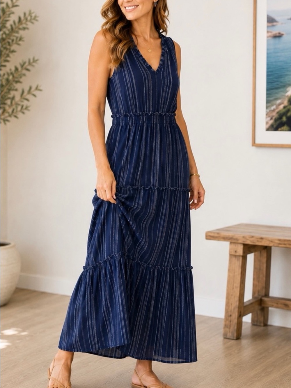 Rails Navy Striped V-Neck Maxi Dress